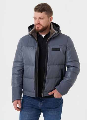 Пуховик из натуральной кожи с капюшоном