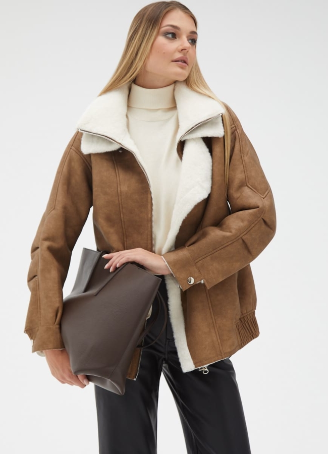 Женская дубленка из эко кожи с воротником стойкой модель № 32024 универмаг малина