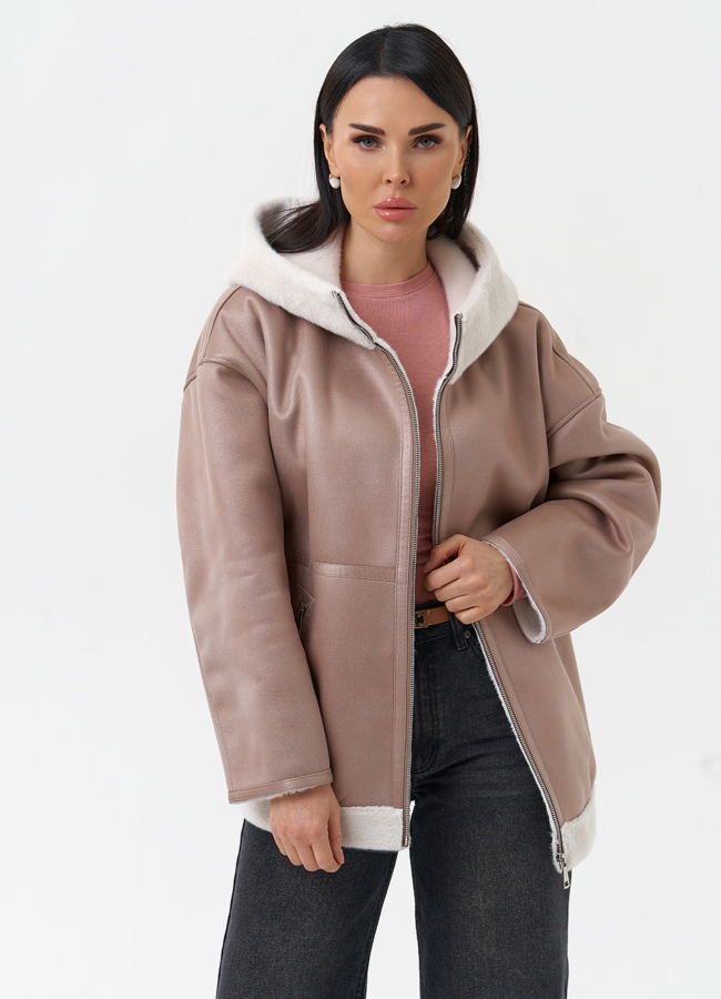 Женская дубленка из эко замши с капюшоном модель № 30209 меха малина