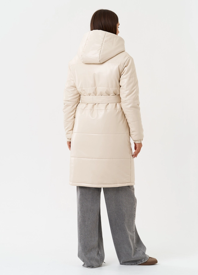 Пуховик из эко кожи с капюшоном модель № 27702 универмаг малина