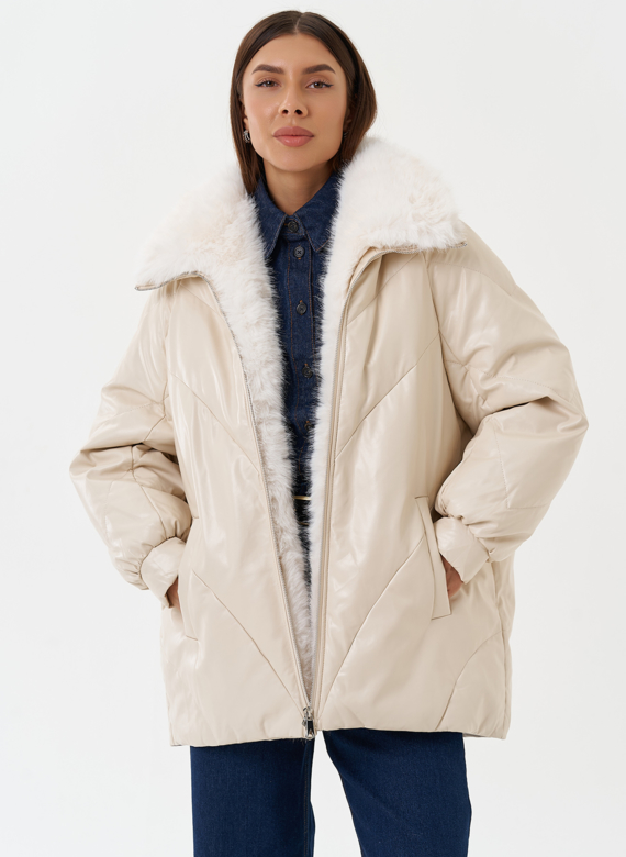 Пуховик из эко кожи с воротником из эко меха