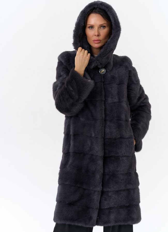 Норковая шуба в цвете графит с капюшоном  модель № 24954 в рассрочку