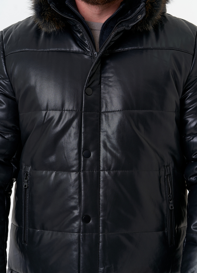 Пуховик из эко кожи с капюшоном из меха енота модель № 31720 универмаг малина