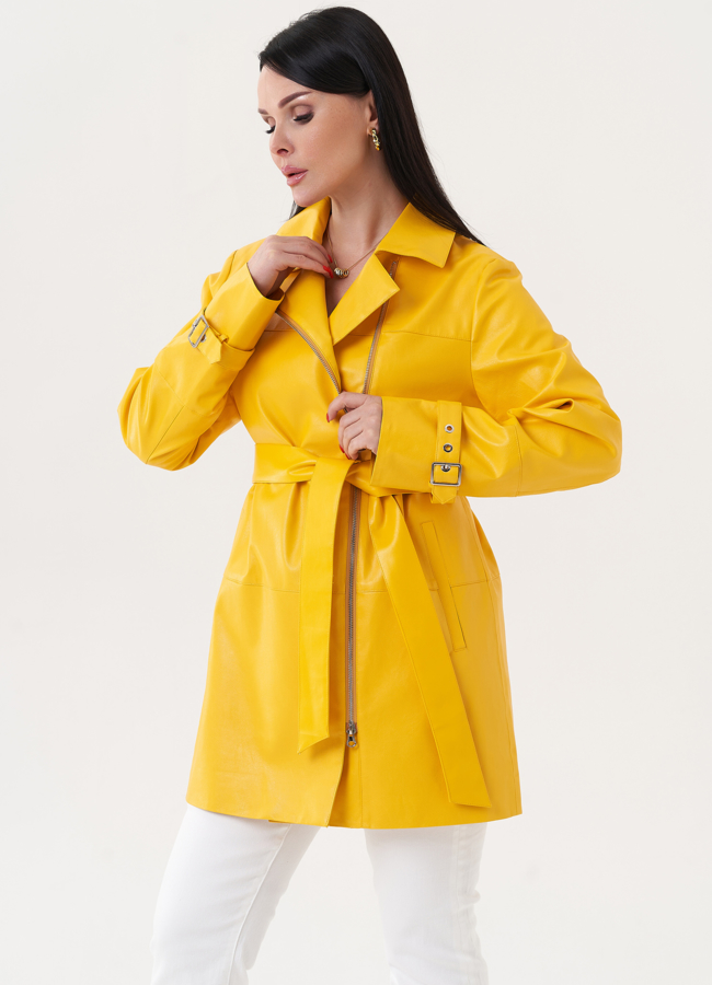 Удлиненный жакет из эко кожи с поясом модель № 27165 меха малина