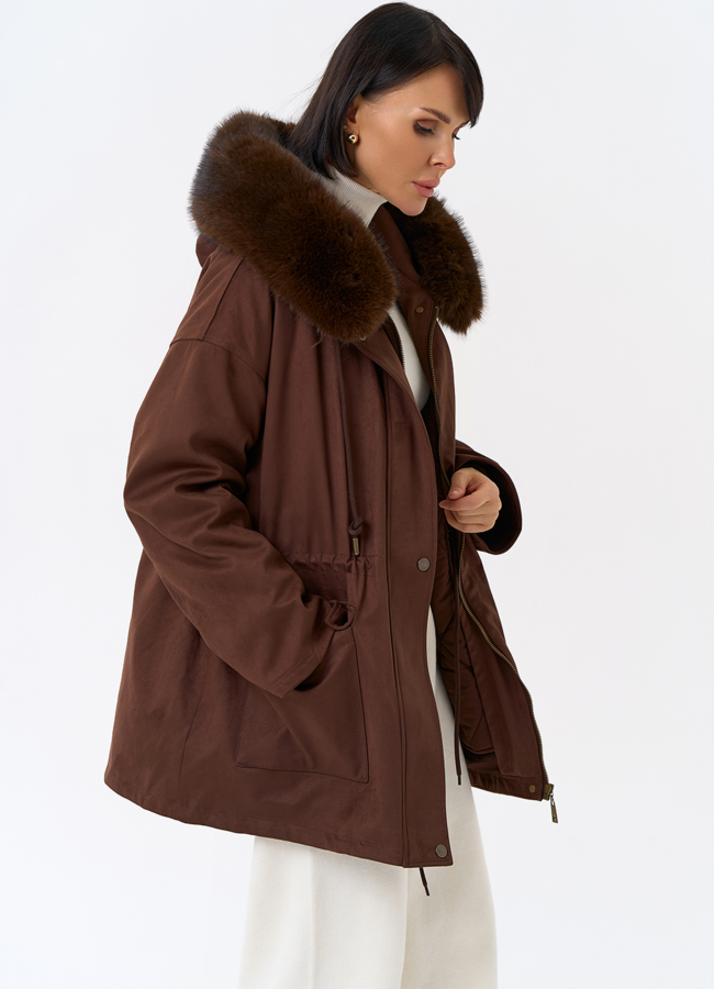 Женская парка из эко замши с капюшоном из эко меха модель № 31947 универмаг малина