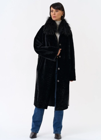Женская двухстороняя дубленка с воротником из меха чернобурой лисы