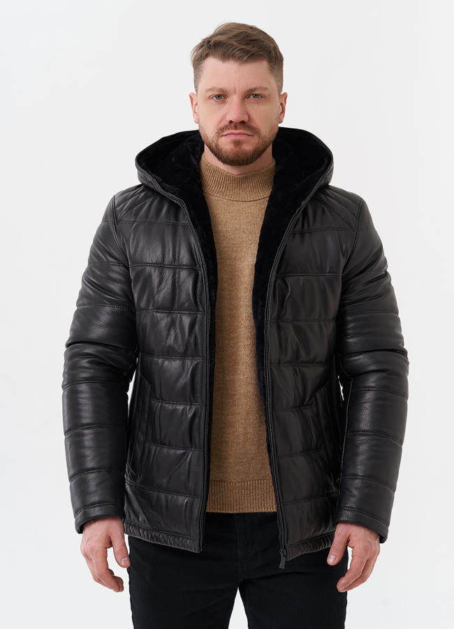 Пуховик из натуральной кожи с отделкой из мутона модель № 25453 универмаг малина