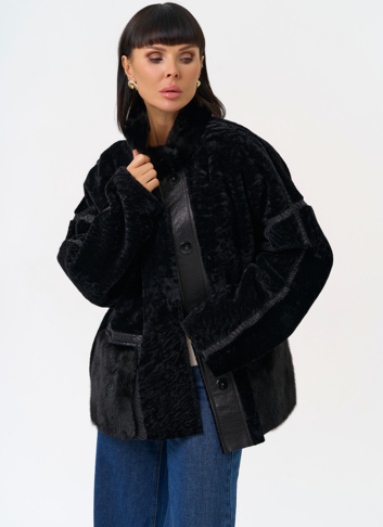Женская двухсторонняя дубленка с воротником стойкой