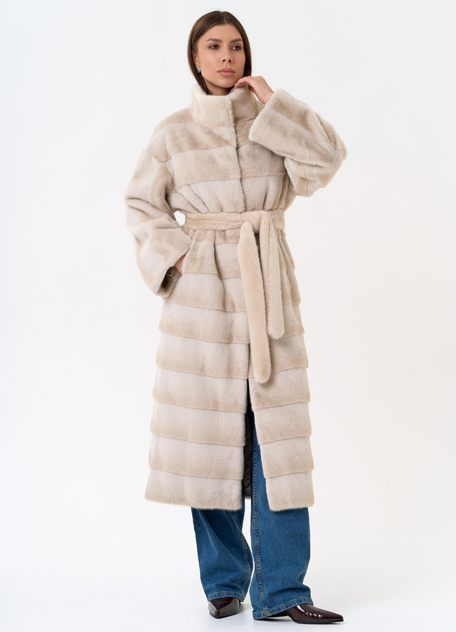 Женское пальто из эко меха с воротником стойкой модель № 31235 меха малина