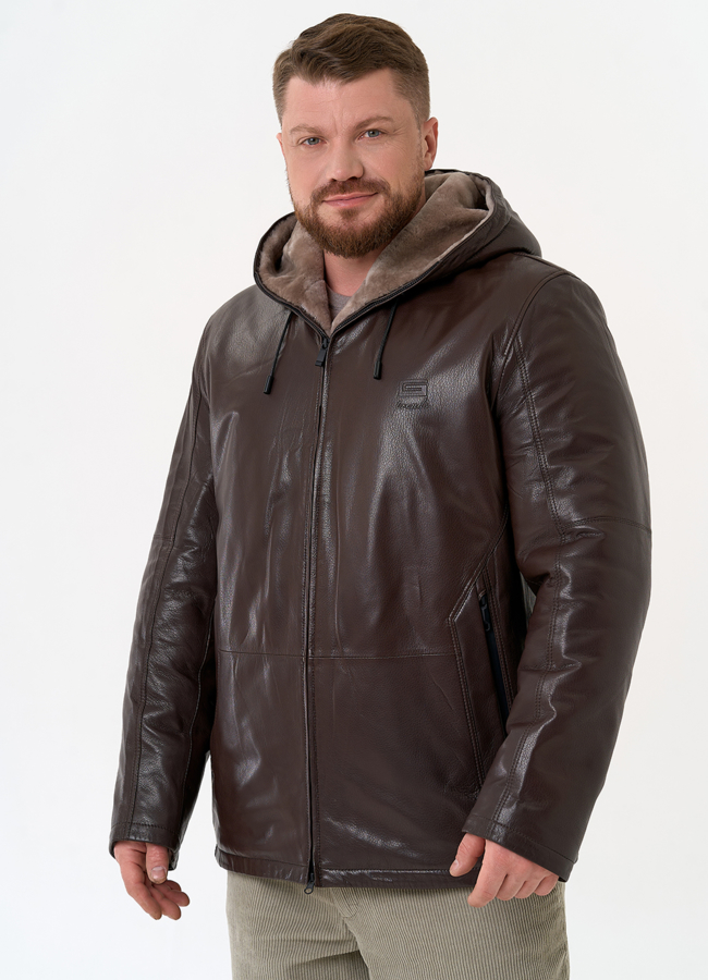 Мужская дубленка коричневого цвета с капюшоном модель № 31777 меха малина