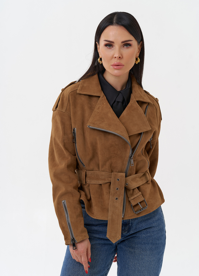 Куртка из замши с поясом модель № 29926 меха малина