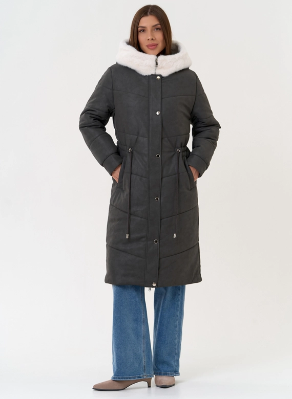 Женское пальто из эко кожи с капюшоном фото