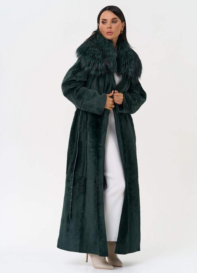 Женская двусторонняя дубленка из меха овчины Cortos с поясом из кожи питона модель № 31400 универмаг малина