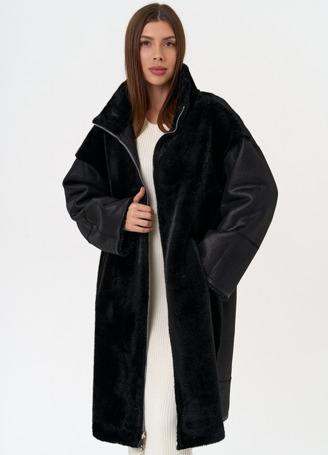 Женская двухсторонняя дубленка из эко замши с воротником стойкой модель № 31412 универмаг малина