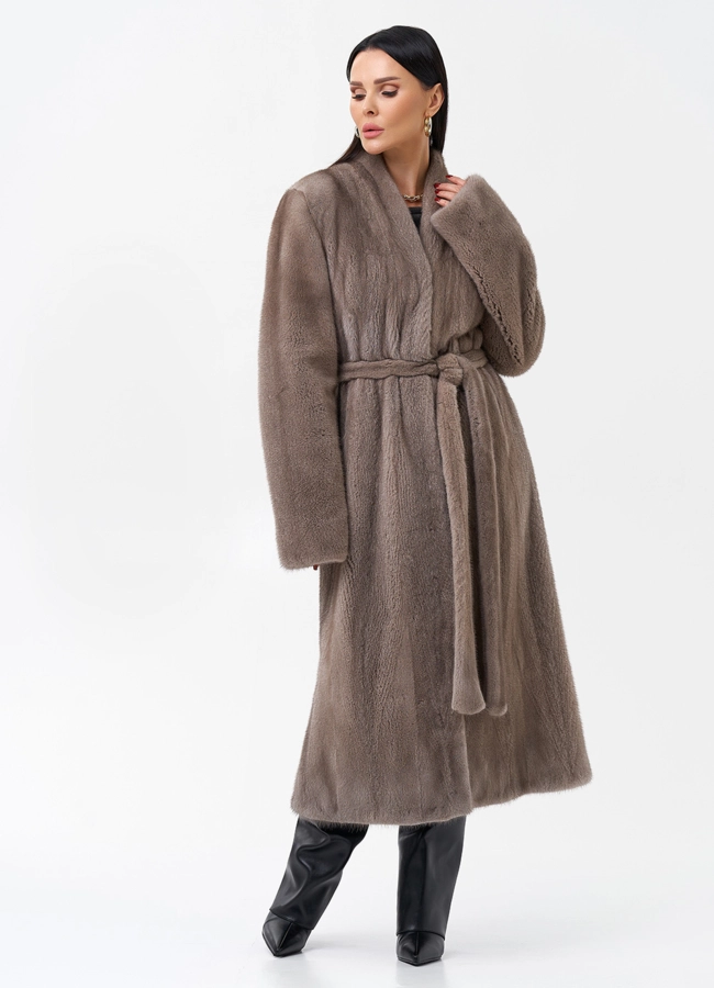 Длинная шуба из норки с поясом модель № 28633 универмаг малина