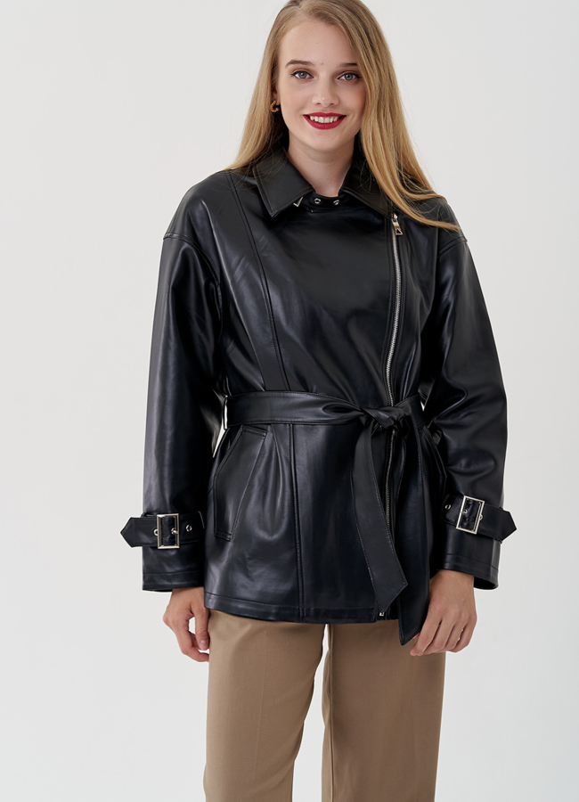 Утепленная весенняя куртка из эко кожи с поясом модель № 81224 универмаг малина