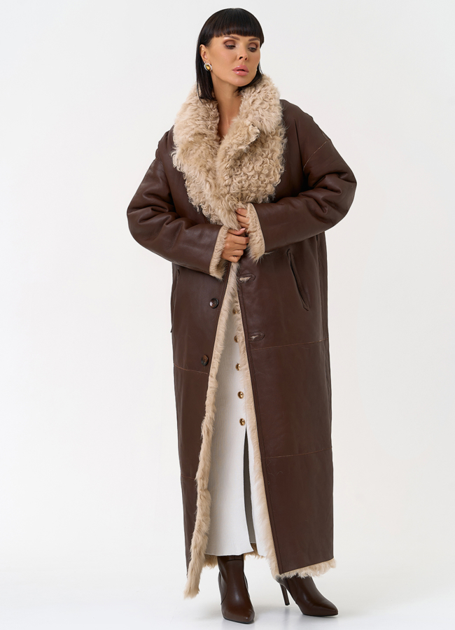 Женская двухсторонняя дубленка с декоративным поясом модель № 31620 универмаг малина