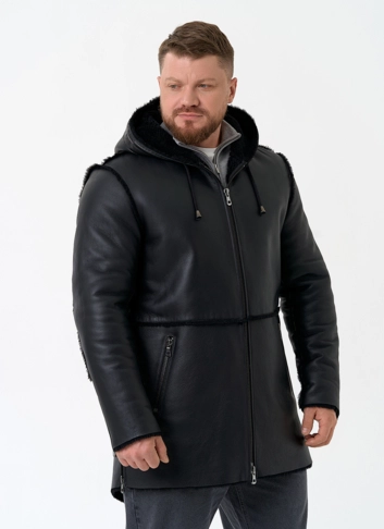 Мужская натуральная дубленка с капюшоном
