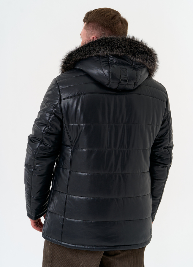 Пуховик из эко кожи с капюшоном из меха енота модель № 22072 в рассрочку