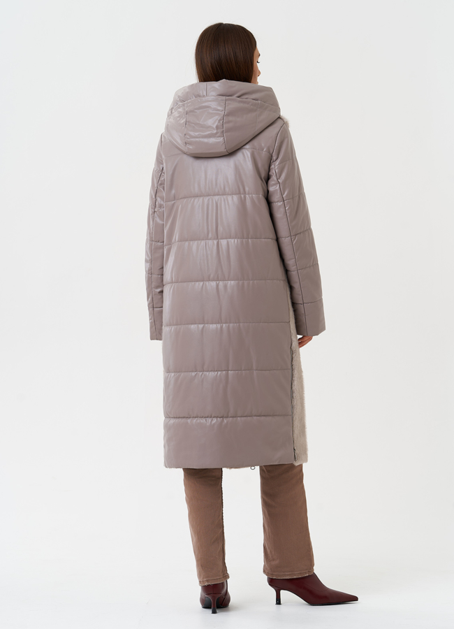 Комбинированный пуховик из эко кожи с капюшоном модель № 28518 универмаг малина