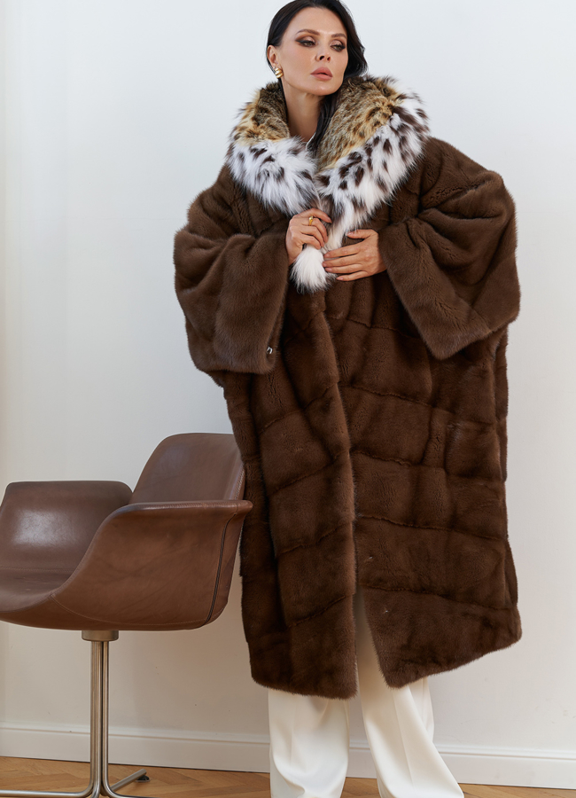 Женская шуба из меха норки с капюшоном из меха рыси модель № 30694 универмаг малина