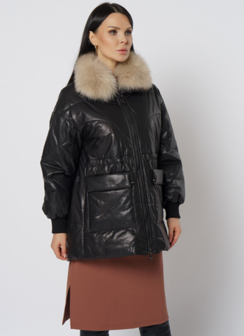 Утепленная кожаная куртка с песцом