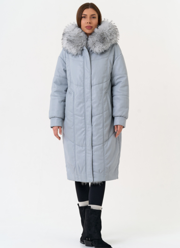 Женский пуховик из эко кожи с отделкой из эко меха