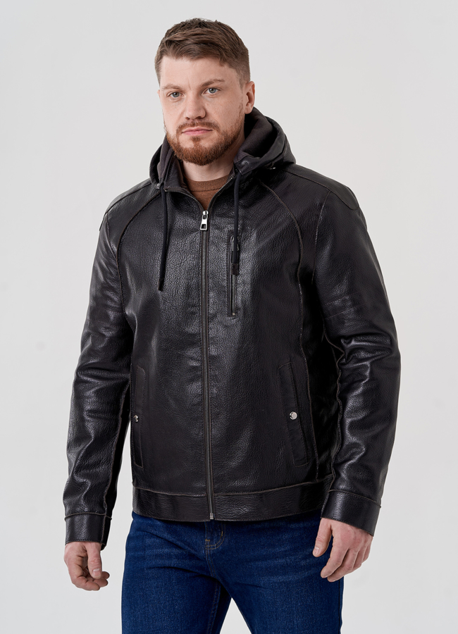 фото Мужская кожаная куртка с капюшоном модель № 24388